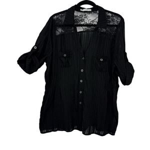 Maurices 2X Lace Shoulders Black Utility Button Down Shirt Roll Tab Sleeves